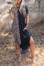 Load image into Gallery viewer, Black Contrast Solid Leopard Short Sleeve T-shirt Dress with Slits