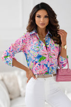Load image into Gallery viewer, Pink Abstract Floral Print Notch V Neck Rolled Short Sleeve Blouse