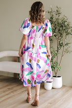Load image into Gallery viewer, Purple Abstract Print Puff Sleeve Smocked Back Midi Dress
