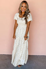 Load image into Gallery viewer, White Frilly Shirred Bodice Tiered Floral Maxi Dress