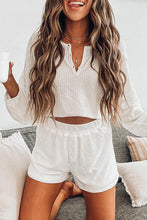 Load image into Gallery viewer, White Waffle Knit Buttoned Long Sleeve Crop and Shorts Lounge Set