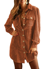Load image into Gallery viewer, Khaki Corduroy Buttoned Long Sleeve Shirt Dress