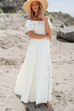 Load image into Gallery viewer, White Frilly Shirred Bodice Tiered Floral Maxi Dress