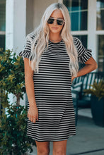 Load image into Gallery viewer, Black Striped T-shirt Mini Dress with Ruffled Sleeves