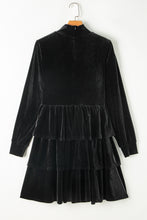Load image into Gallery viewer, Black Velvet High Neck Tiered Ruffle Mini Dress