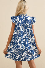 Load image into Gallery viewer, Sail Blue Floral Ruffled Cap Sleeve Tied Neck Mini Dress