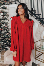 Load image into Gallery viewer, Fiery Red Textured Ruffled Trim V Neck Loose Fit Mini Dress