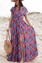 Load image into Gallery viewer, Blue Floral Print V Neck Wrap Split Maxi Dress