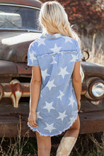 Load image into Gallery viewer, Sky Blue Stars Frayed Hem Collared Short Sleeve Denim Dress
