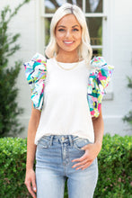 Load image into Gallery viewer, White Voluminous Printed Puff Sleeve Textured Top