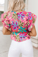 Load image into Gallery viewer, Multicolor Vibrant Floral Print Trimmed Ruffle Sleeve Blouse