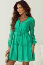 Load image into Gallery viewer, Sea Green Frilly V Neck Puff Sleeve Drawstring Shift Mini Dress