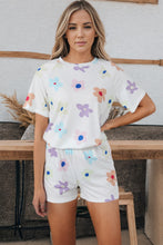 Load image into Gallery viewer, White Flower Print Short Sleeve High Waist Two Piece Shorts Set