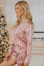 Load image into Gallery viewer, Pink Striped Print Buttoned Shirt and Drawstring Shorts Lounge Set