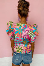 Load image into Gallery viewer, Multicolor Vibrant Floral Print Trimmed Ruffle Sleeve Blouse