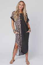 Load image into Gallery viewer, Black Contrast Solid Leopard Short Sleeve T-shirt Dress with Slits