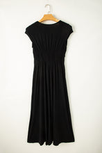 Load image into Gallery viewer, Black Short Sleeve Shirred High Waist V Neck Maxi Dress