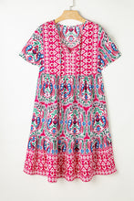 Load image into Gallery viewer, Pink Bohemian Print Tie Neck Ruffle Hem Short Dress