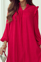 Load image into Gallery viewer, Fiery Red Textured Ruffled Trim V Neck Loose Fit Mini Dress