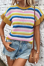 Load image into Gallery viewer, Khaki Trimmed Ruffle Sleeve Colorful Textured Sweater