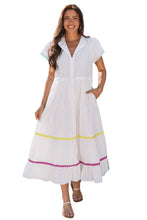 Load image into Gallery viewer, White Colorblock Rickrack Trim Short Sleeve Drawstring Waist Long Dress