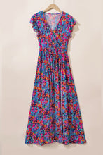 Load image into Gallery viewer, Blue Floral Print V Neck Wrap Split Maxi Dress