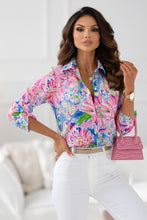 Load image into Gallery viewer, Pink Abstract Floral Print Notch V Neck Rolled Short Sleeve Blouse