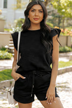Load image into Gallery viewer, Black Textured Ruffled Sleeve Tee and Drawstring Shorts Set