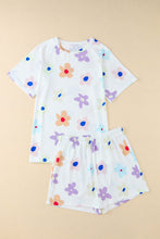 Load image into Gallery viewer, White Flower Print Short Sleeve High Waist Two Piece Shorts Set