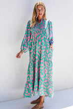 Load image into Gallery viewer, Green Abstract Print Puff Sleeve Tied Notched Neck Long Dress