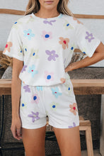 Load image into Gallery viewer, White Flower Print Short Sleeve High Waist Two Piece Shorts Set