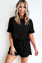 Load image into Gallery viewer, Black Casual Textured Tee and Drawstring Shorts Set