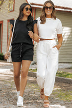 Load image into Gallery viewer, Black Textured Ruffled Sleeve Tee and Drawstring Shorts Set