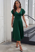 Load image into Gallery viewer, Green Ruffled Sleeve Wrap V Neck Midi Dress
