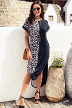Load image into Gallery viewer, Black Contrast Solid Leopard Short Sleeve T-shirt Dress with Slits