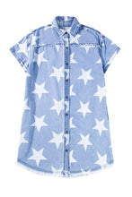 Load image into Gallery viewer, Sky Blue Stars Frayed Hem Collared Short Sleeve Denim Dress