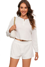 Load image into Gallery viewer, White Waffle Knit Buttoned Long Sleeve Crop and Shorts Lounge Set