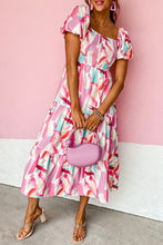 Load image into Gallery viewer, Pink Brush Stroke Printed Smocked Ruffle Tiered Dress