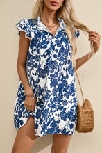 Load image into Gallery viewer, Sail Blue Floral Ruffled Cap Sleeve Tied Neck Mini Dress