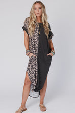 Load image into Gallery viewer, Black Contrast Solid Leopard Short Sleeve T-shirt Dress with Slits