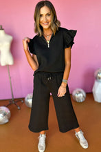 Load image into Gallery viewer, Black Textured Flutter Sleeve Top Wide Leg Pants Set