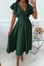 Load image into Gallery viewer, Green Ruffled Sleeve Wrap V Neck Midi Dress