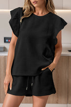 Load image into Gallery viewer, Black Textured Ruffled Sleeve Tee and Drawstring Shorts Set