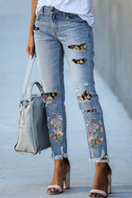 Load image into Gallery viewer, Sky Blue Printed Patch Ripped Skinny Jeans