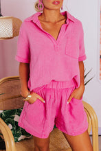 Load image into Gallery viewer, Rose Crinkle Textured Polo Shirt and High Waist Shorts Set