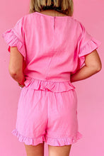 Load image into Gallery viewer, Pink Ruffled Hem Short Sleeve Elastic Drawstring Waist Pocketed Shorts Set