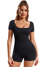 Load image into Gallery viewer, Black Ribbed Square Neck Short Sleeve Athleisure Romper