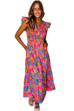 Load image into Gallery viewer, Rose Red Boho Floral V Neck Ruffle Tiered Long Dress