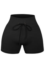 Load image into Gallery viewer, Black Solid Color Ribbed Drawstring Waist Yoga Shorts