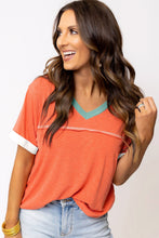 Load image into Gallery viewer, Grapefruit Orange Contrast Trim Exposed Seam V Neck T-shirt